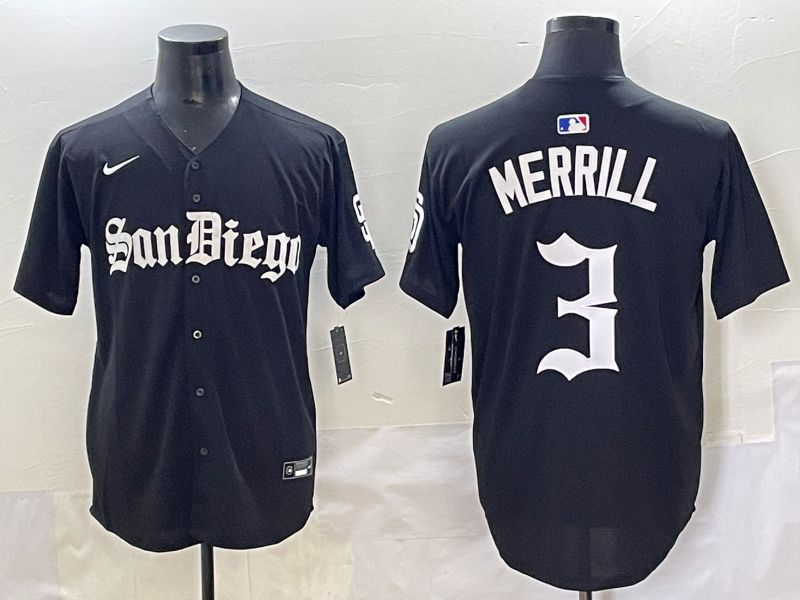 Men 2025 San Diego Padres #3 Merrill Black Five generations Joint Name Nike MLB Jersey style 1